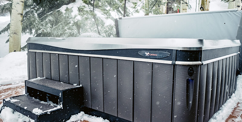 Caldera Utopia Cantabria Platinum Slate Hot Tub in Snow with Cover