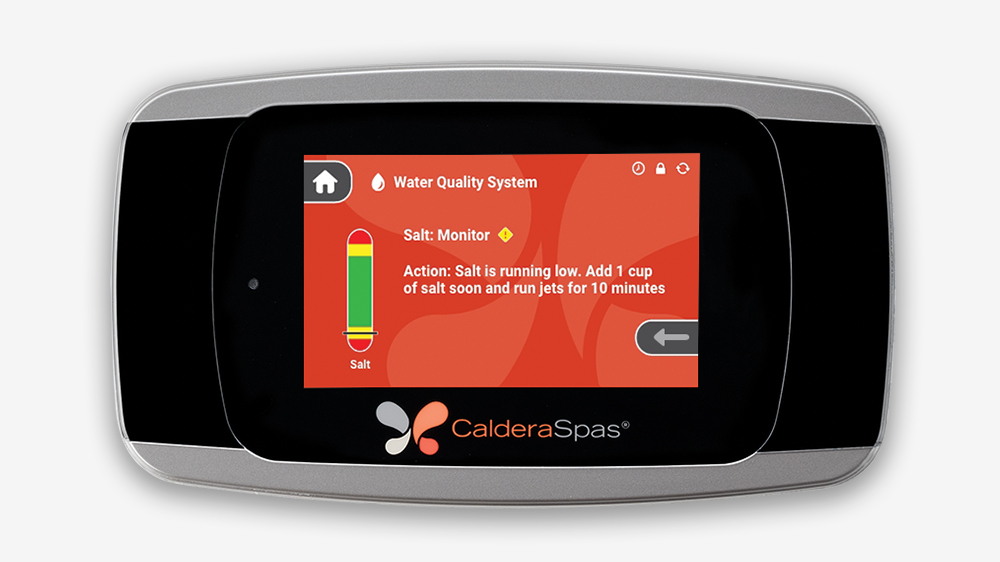 Caldera Spas smart saltwater monitor. The digital display shows results from self-monitoring over the past hour. A recommendation is displayed to add salt and circulate the water by running the jets for 10 minutes.