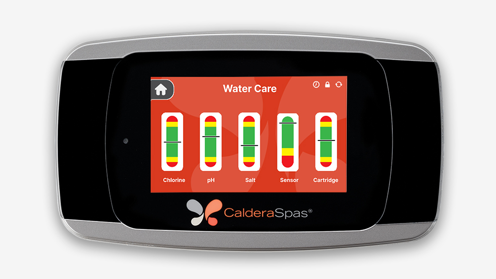 Caldera Spas hot tub control panel with digital display showing hourly saltwater test results. The display includes readings for chlorine level, ph and salt sanitizer level, as well as smart sensor and cartridge measurements.