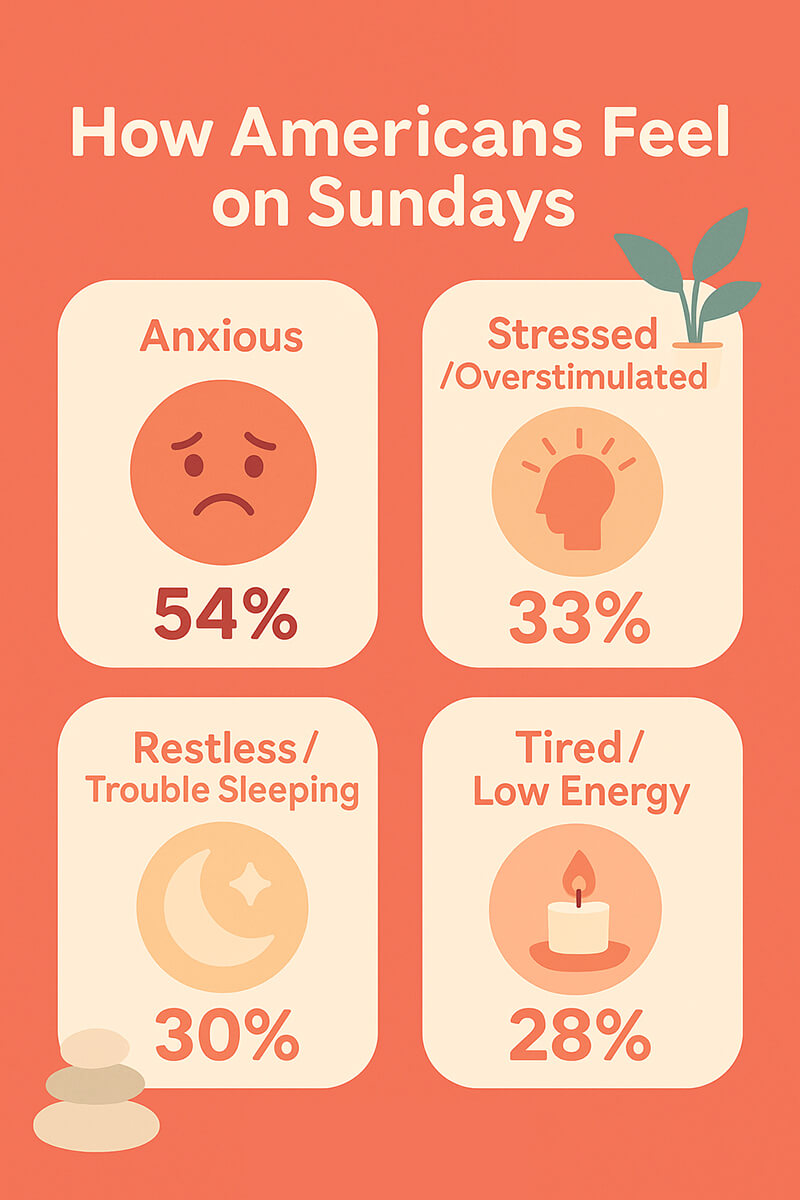 An orange infographic showing statistics on how Americans feel on Sundays with emotions like anxiety and low energy.