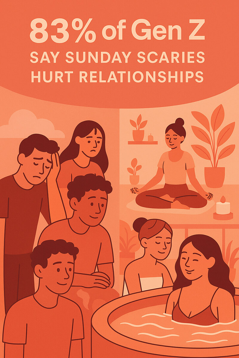 A warm-toned illustration of Gen Z people feeling stressed while others meditate and relax in hot tubs.