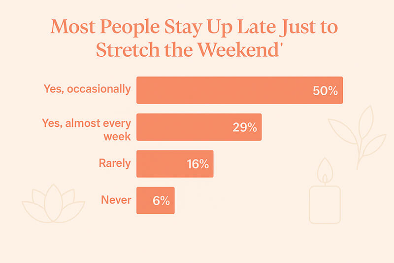 Bar chart titled 'Most People Stay Up Late Just to Stretch the Weekend.' Shows 50% say yes, occasionally; 29% yes, almost every week; 16% rarely; and 6% never. Minimalist beige and orange design with candle and plant illustrations