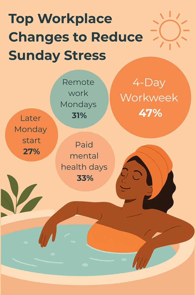 An illustration of a woman relaxing in a spa bath with circles highlighting workplace changes like four-day workweeks.