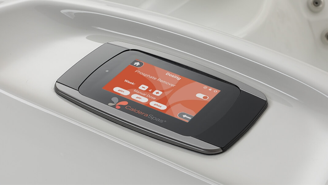 Caldera® Spas touchscreen control panel showing FreshWater® IQ dosing system interface for managing spa water chemistry.