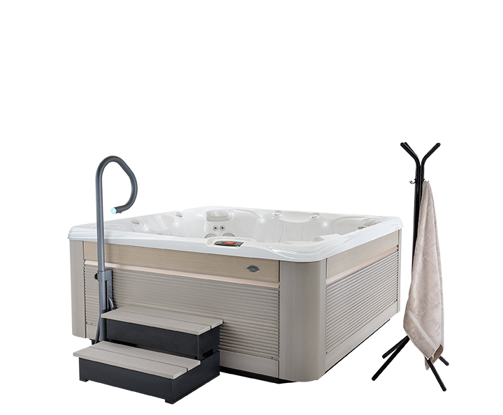 paradise reunion hot tub spa with parchment colored siding and spa side umbrella accessories including towel rack and handrail